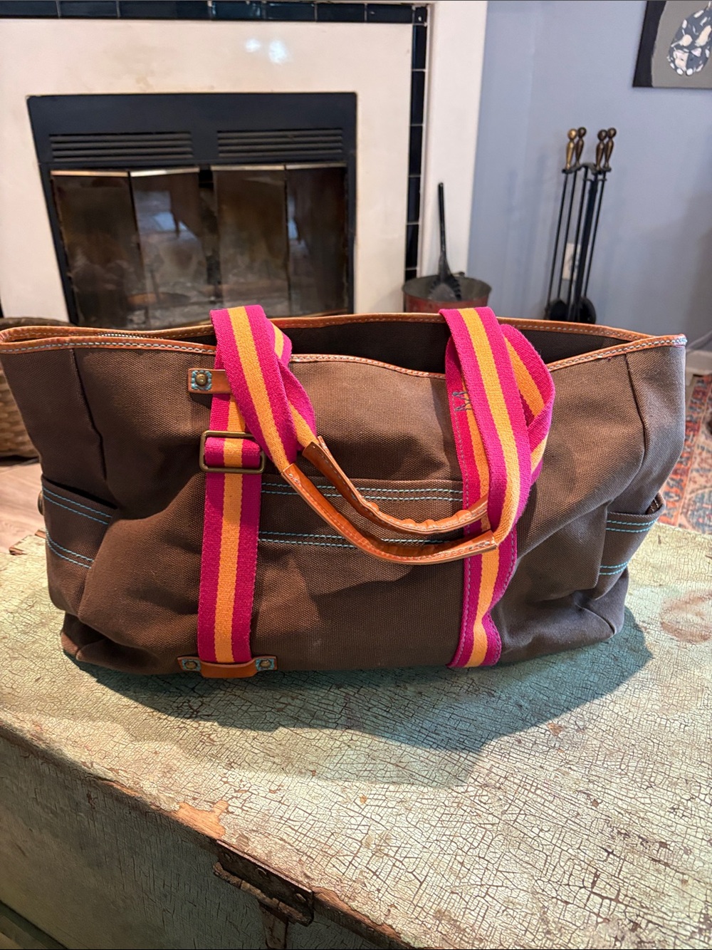 Vtg GAP Canvas Tote Bag Brown Stripe Pink Orange Large Boho Carryall - Picture 2 of 8